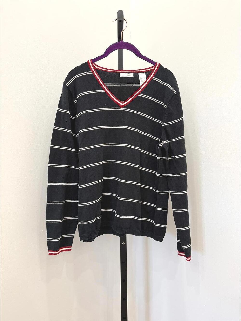 Black Striped V-Neck Sweater with Red Trim